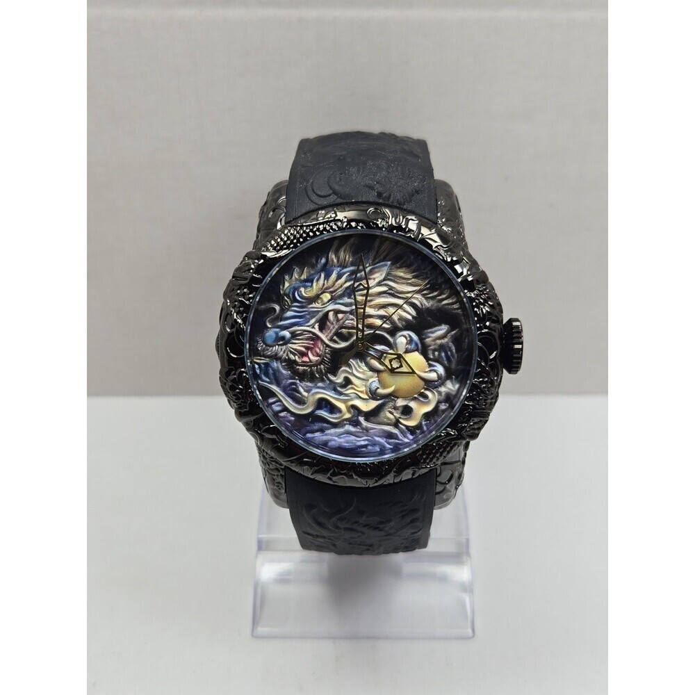Biden Mens 3D Blue Dragon Sculpture Black Quartz Silicone Band Watch New Battery